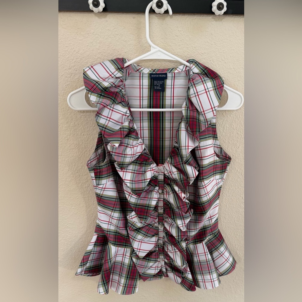 Like new Boston Proper holiday tartan-plaid blouse. Size 4. Red/white/green.